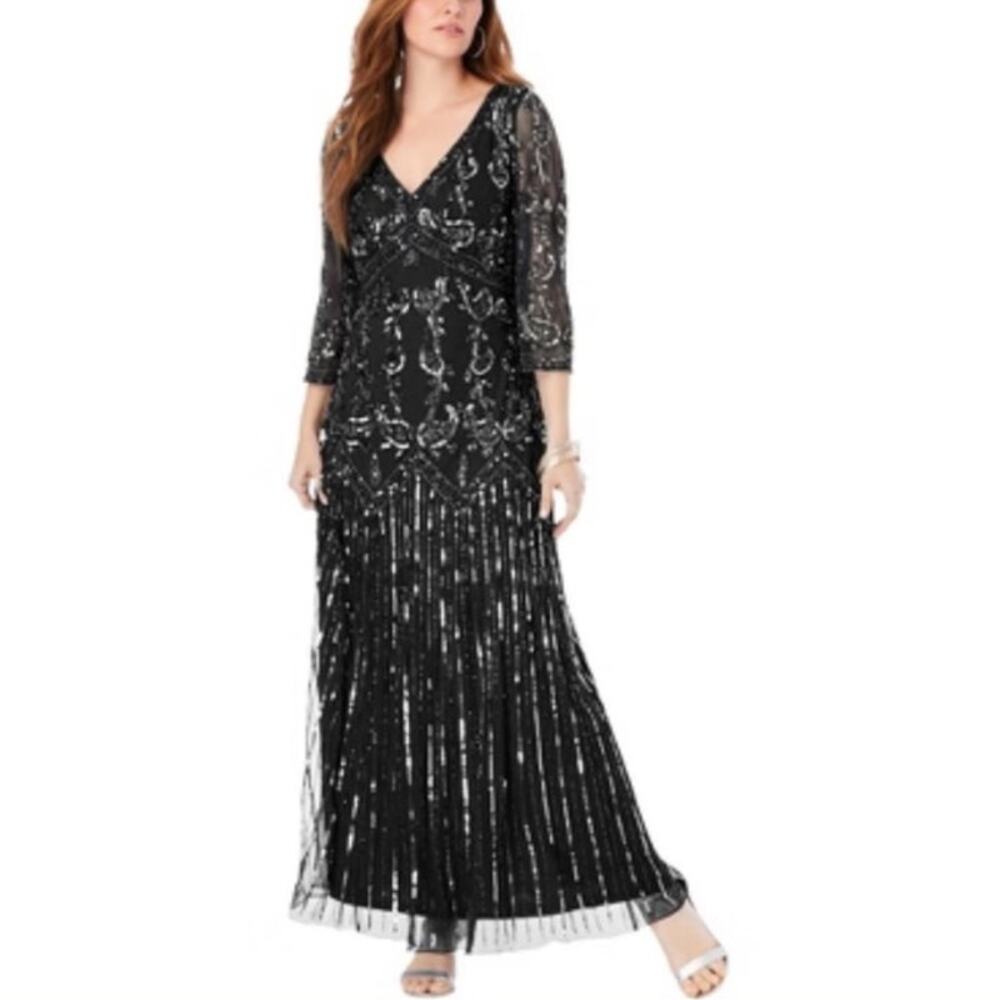 Roaman's Navy Sequin Long Gown Sparkle 34W Deep VNeck Beaded Formal Sheer Sleeve